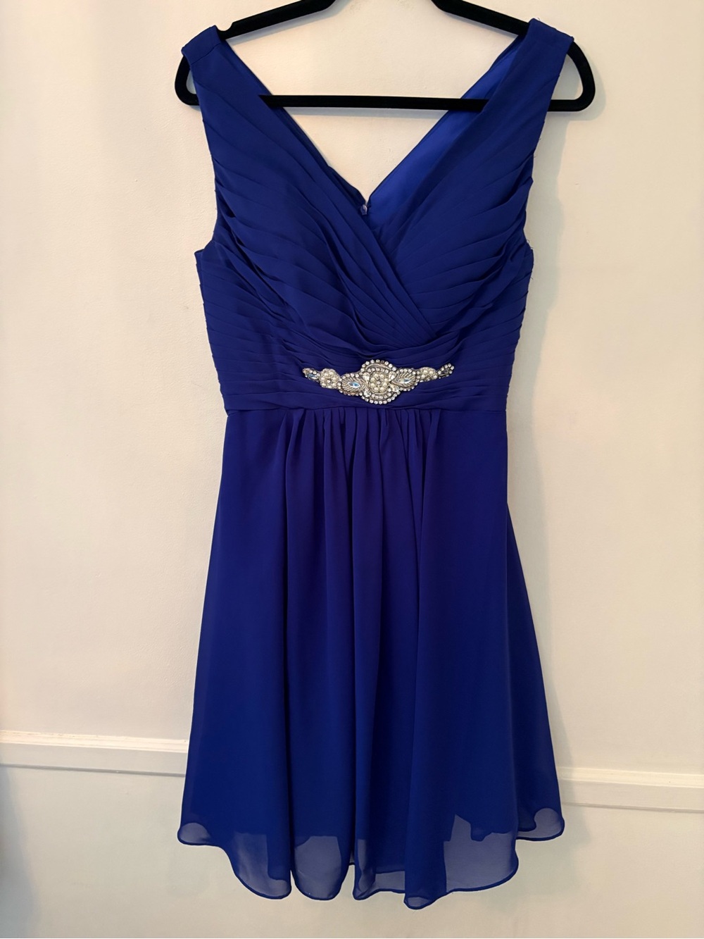 Royal Blue V-Neck Sleeveless Chiffon Dress w Rhinestone Embellished Waist Sz S